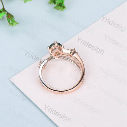 14K solid two tone gold moss agate ring 5mm dainty aquatic agate engagement ring Twisted wedding ring women Unique crystal bridal ring gift - PENFINE