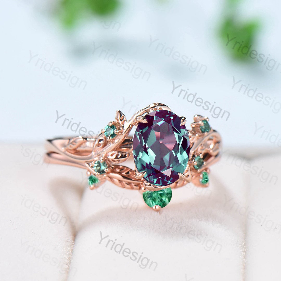 Unique leaf alexandrite wedding ring set Natural Inspired twig engagement ring unique leaves emerald stacking band Branch bridal set women - PENFINE