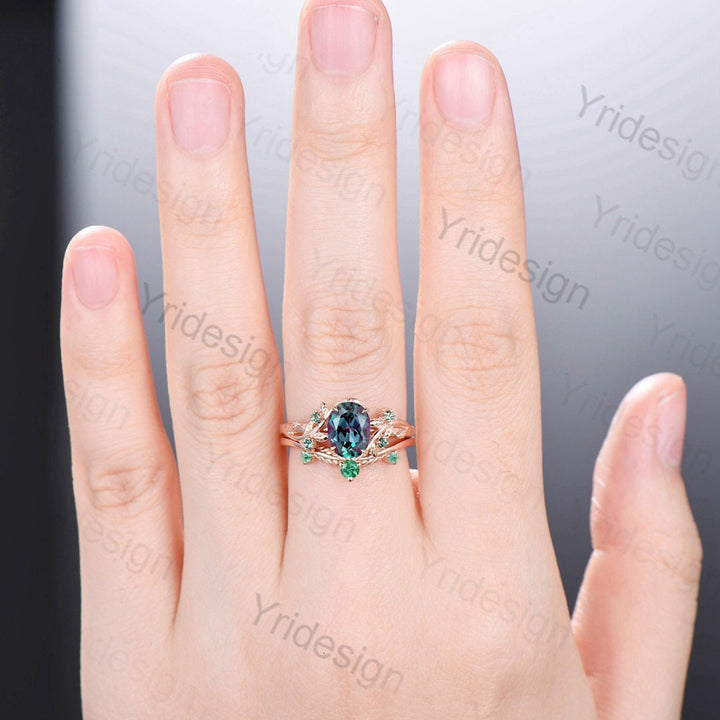 Unique leaf alexandrite wedding ring set Natural Inspired twig engagement ring unique leaves emerald stacking band Branch bridal set women - PENFINE