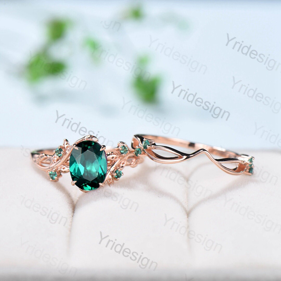 Natural Inspired Leaf emerald ring set unique twig engagement ring Art deco rose gold emerald wedding ring set for women Branch ring gift - PENFINE