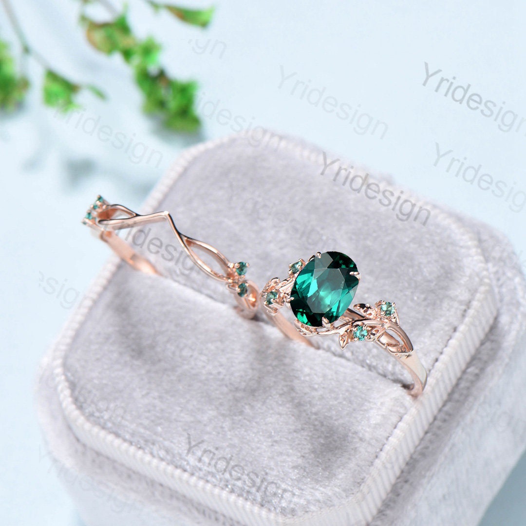 Natural Inspired Leaf emerald ring set unique twig engagement ring Art deco rose gold emerald wedding ring set for women Branch ring gift - PENFINE