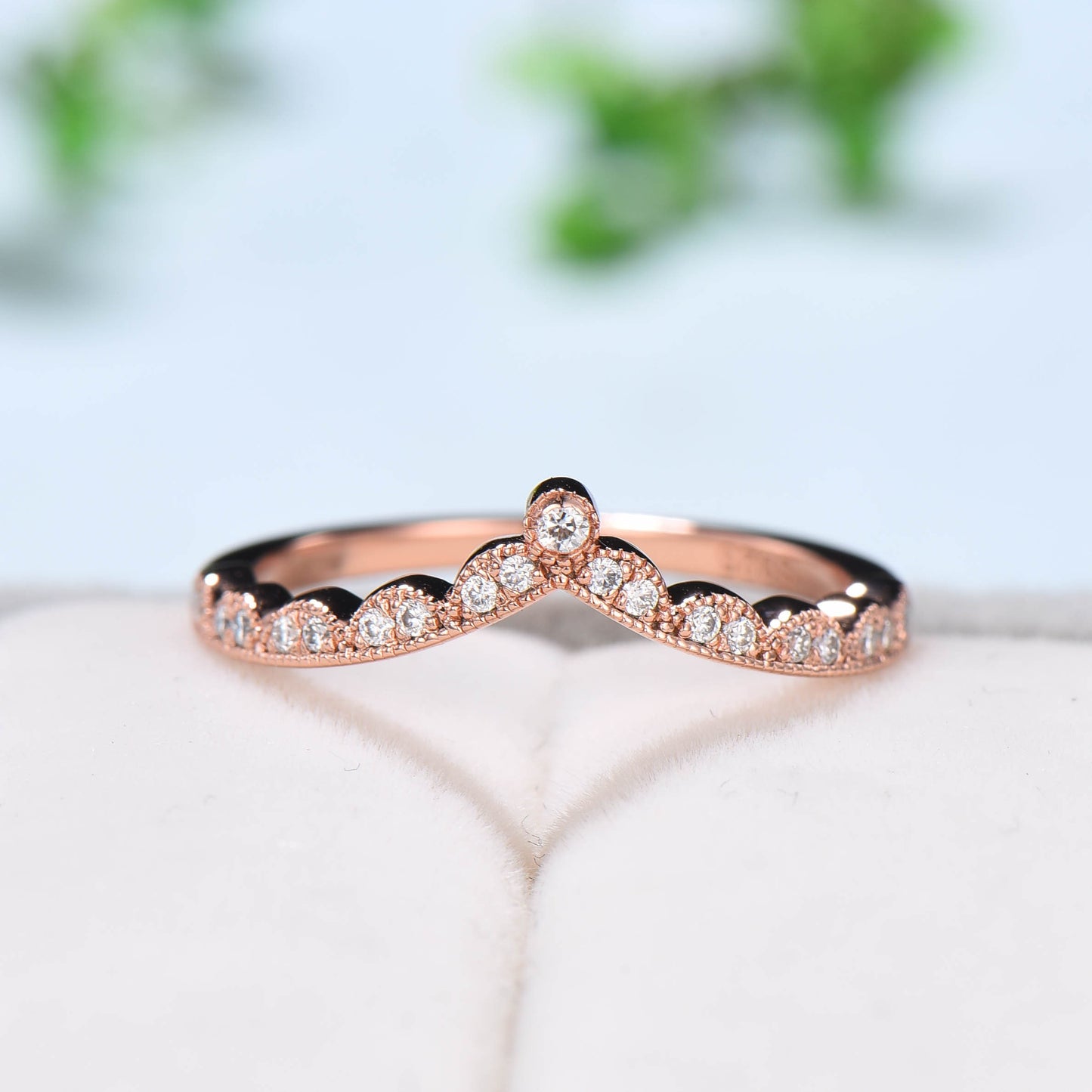 Art deco dainty curved Diamond wedding band Unique rose gold mulgrain stacking band art deco moissanite matching band Anniversary Gift - PENFINE