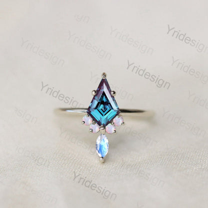 Unique Kite cut alexandrite ring Vintage alexandrite engagement ring solid gold antique opal moonstone promise ring wedding ring for women - PENFINE