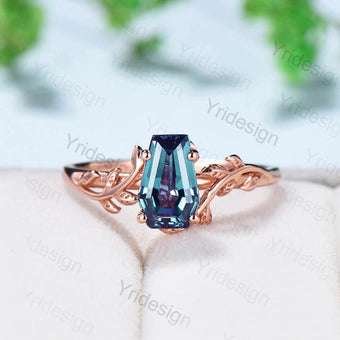 Leaf branch Alexandrite Ring Vintage Unique Coffin shaped Alexandrite engagement ring Solitaire Gold Natural inspired wedding ring for women - PENFINE