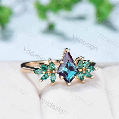Vintage alexandrite engagement ring kite cut Unique cluster emerald wedding ring for women Healing green gemstone anniversary promise ring - PENFINE
