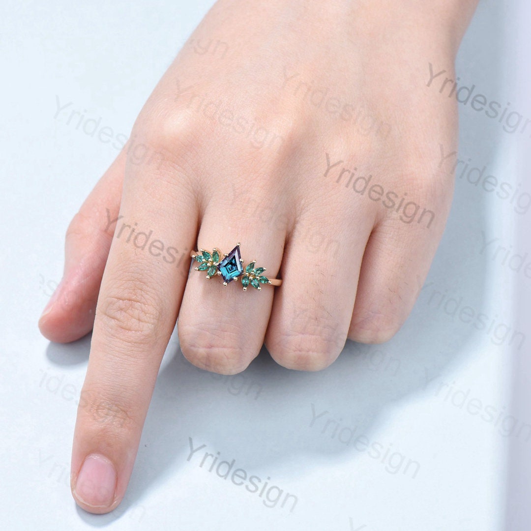 Vintage alexandrite engagement ring kite cut Unique cluster emerald wedding ring for women Healing green gemstone anniversary promise ring - PENFINE