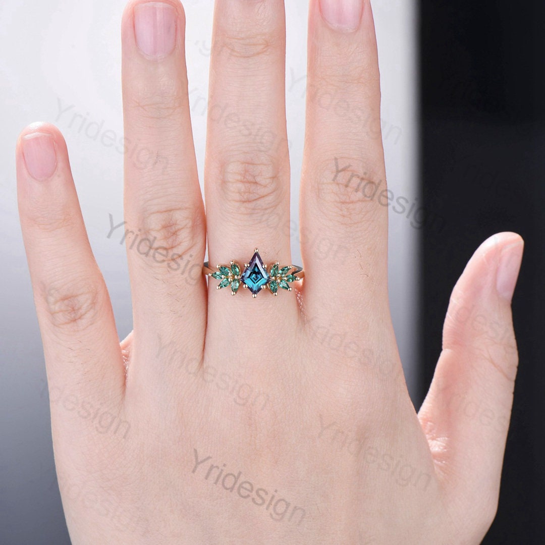 Vintage alexandrite engagement ring kite cut Unique cluster emerald wedding ring for women Healing green gemstone anniversary promise ring - PENFINE