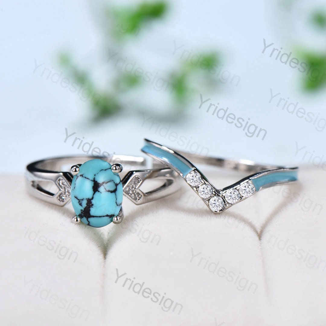 Unique Oval Turquoise engagement ring set 14k white gold vintage split shank engagement ring for women Blue Enamel Wedding Ring Antique Gift - PENFINE