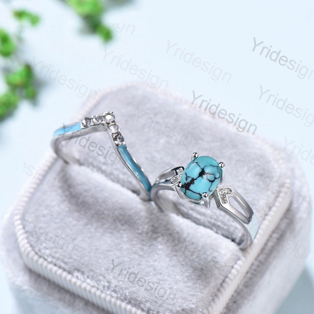 Unique Oval Turquoise engagement ring set 14k white gold vintage split  shank engagement ring for women Blue Enamel Wedding Ring Antique Gift