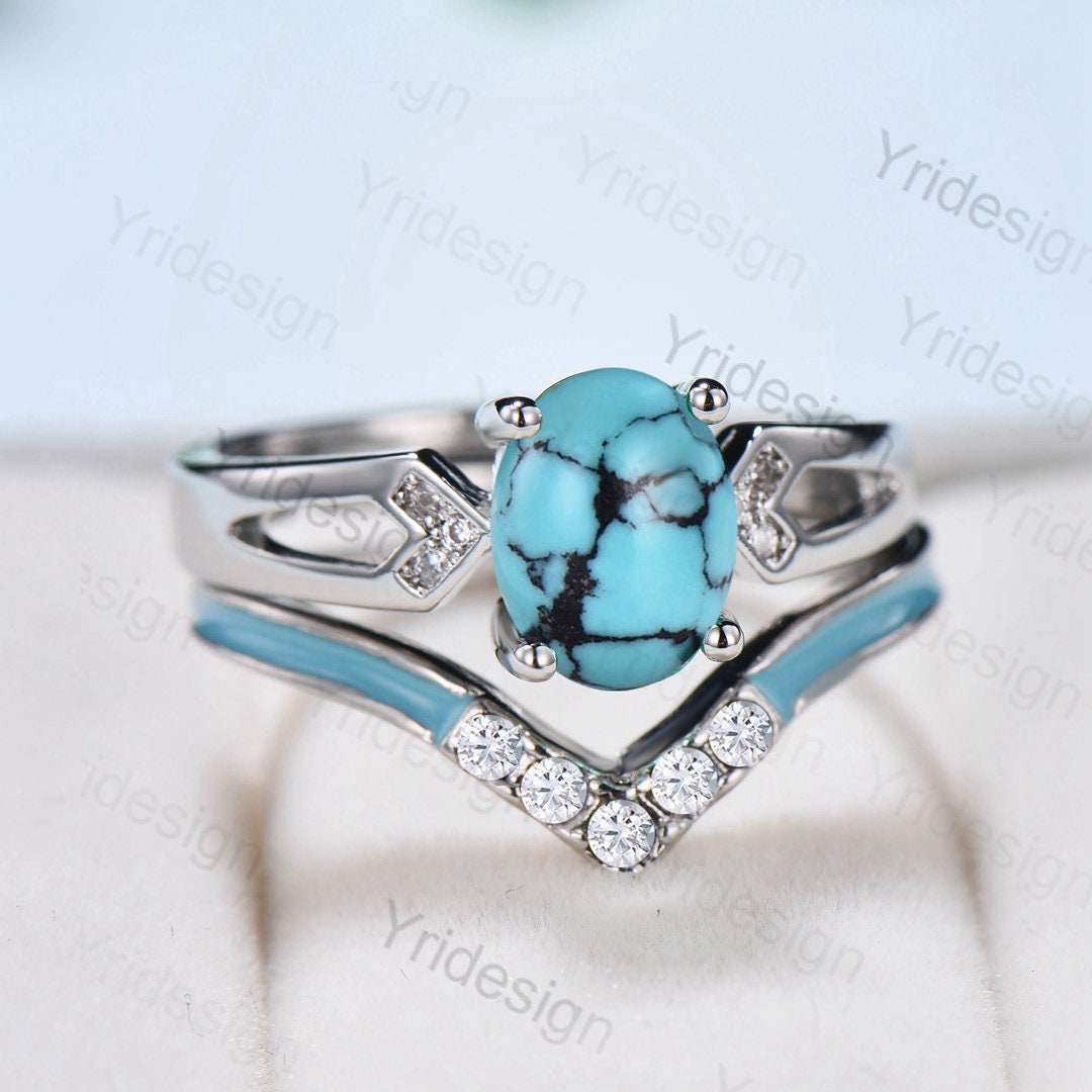 Unique Oval Turquoise engagement ring set 14k white gold vintage split shank engagement ring for women Blue Enamel Wedding Ring Antique Gift - PENFINE