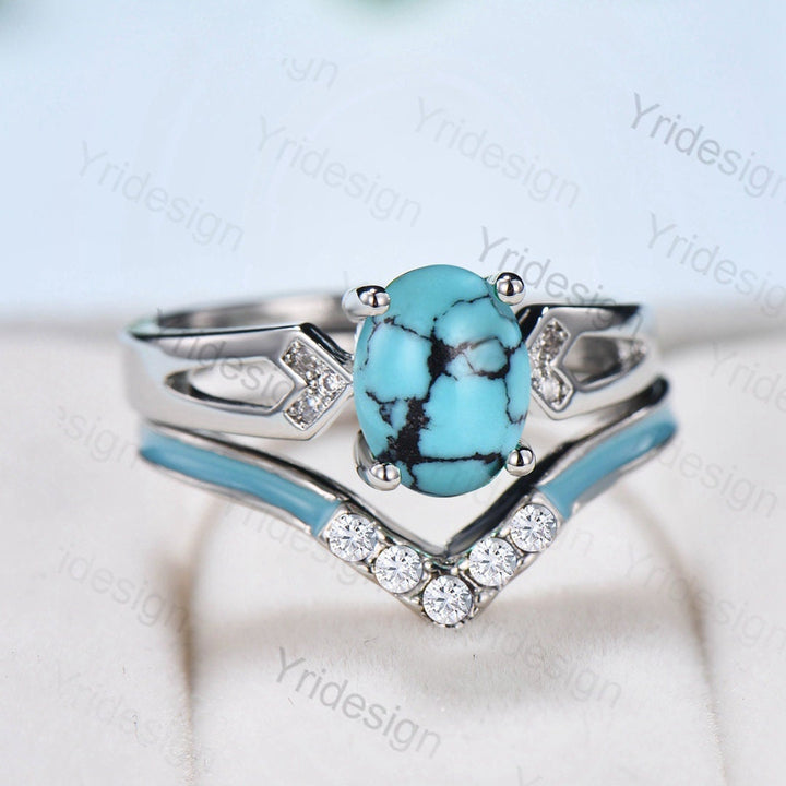 Unique Oval Turquoise engagement ring set 14k white gold vintage split shank engagement ring for women Blue Enamel Wedding Ring Antique Gift - PENFINE