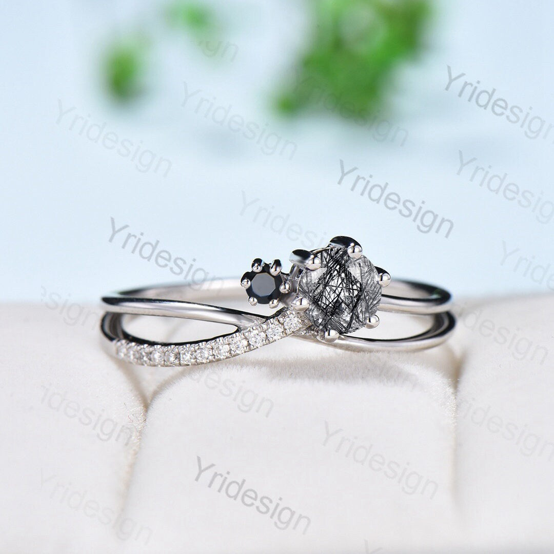 Vintage unique black rutilated quartz engagement ring Twisted black crystal gold wedding ring women spinel bridal ring anniversary gift - PENFINE