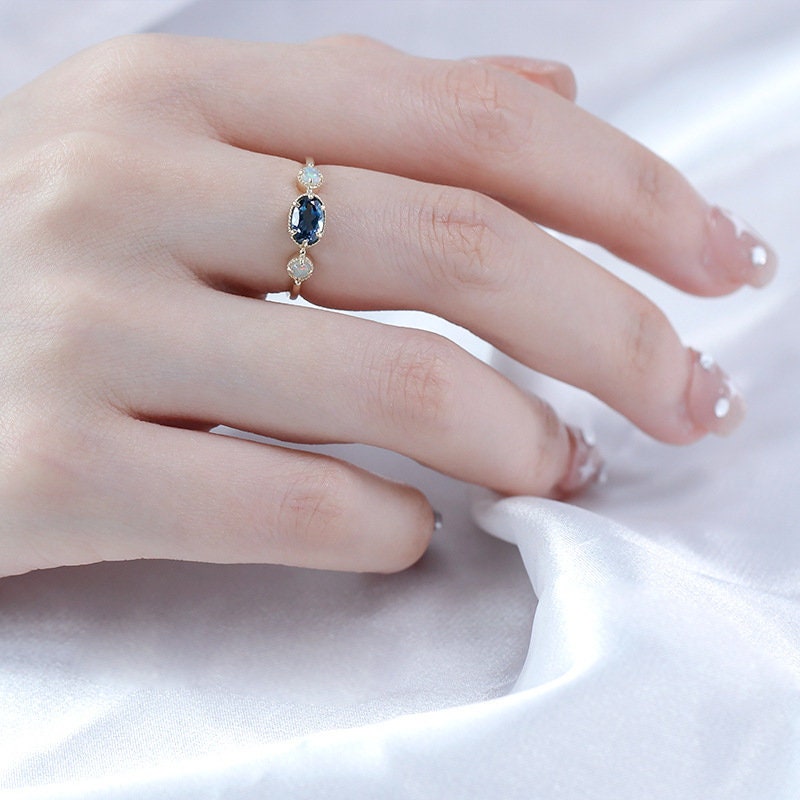 East To West London blue topaz engagement ring unique Three stone opal ring Minimalist Dainty Promise Ring bezel set Bridal ring for Women - PENFINE