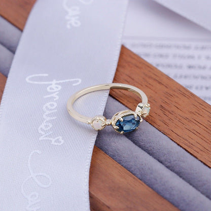East To West London blue topaz engagement ring unique Three stone opal ring Minimalist Dainty Promise Ring bezel set Bridal ring for Women - PENFINE