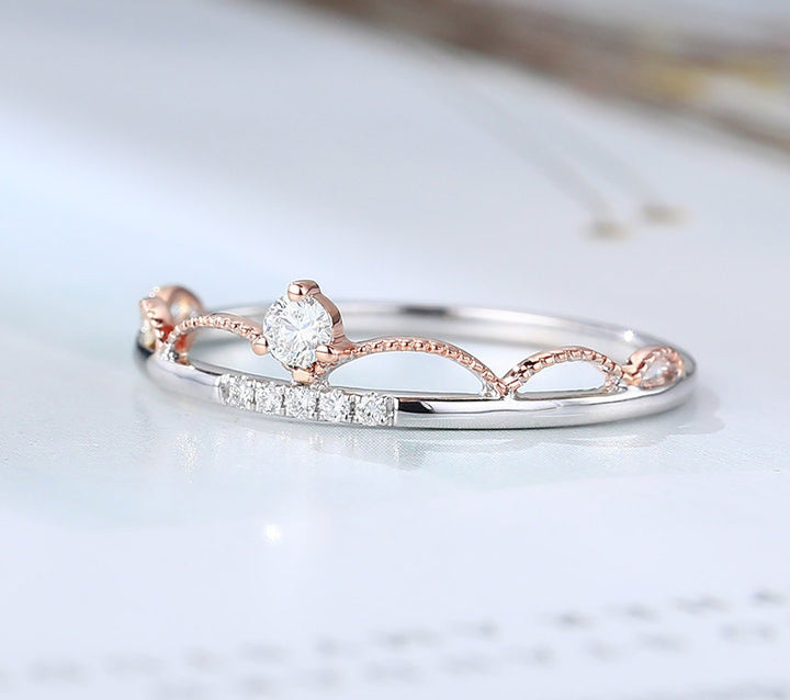 Crown wedding ring for women Art deco Diamond wedding band Vintage unique two tone gold stacking band moissanite anniversary promise ring - PENFINE