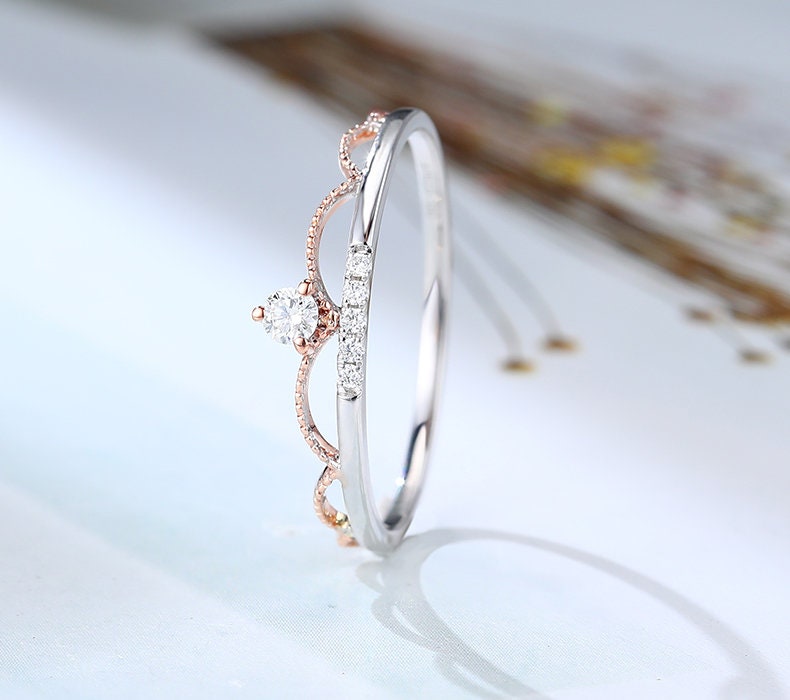 Crown wedding ring for women Art deco Diamond wedding band Vintage unique two tone gold stacking band moissanite anniversary promise ring