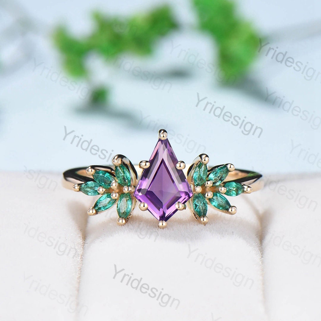 Vintage amethyst  engagement ring Unique kite cut purple amethyst cluster marquise emerald wedding ring for women anniversary promise ring - PENFINE