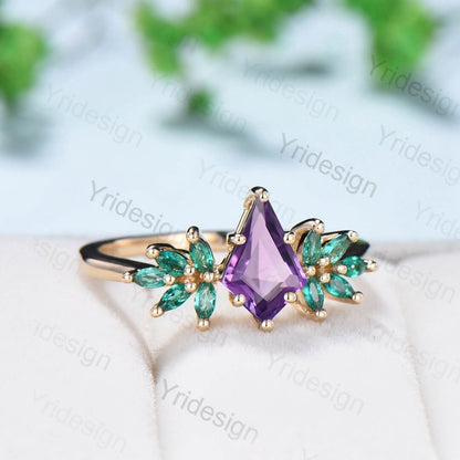 Vintage amethyst  engagement ring Unique kite cut purple amethyst cluster marquise emerald wedding ring for women anniversary promise ring - PENFINE
