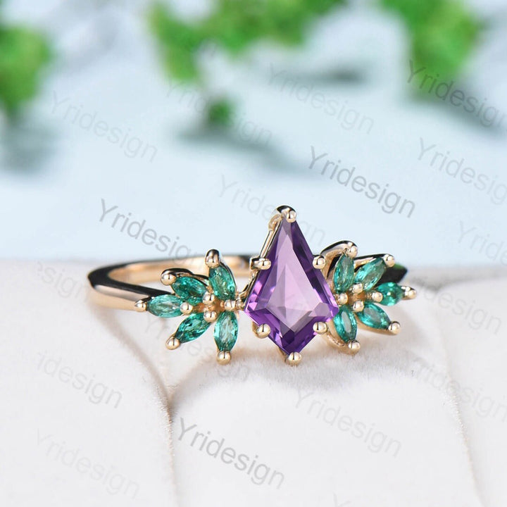 Vintage amethyst  engagement ring Unique kite cut purple amethyst cluster marquise emerald wedding ring for women anniversary promise ring - PENFINE