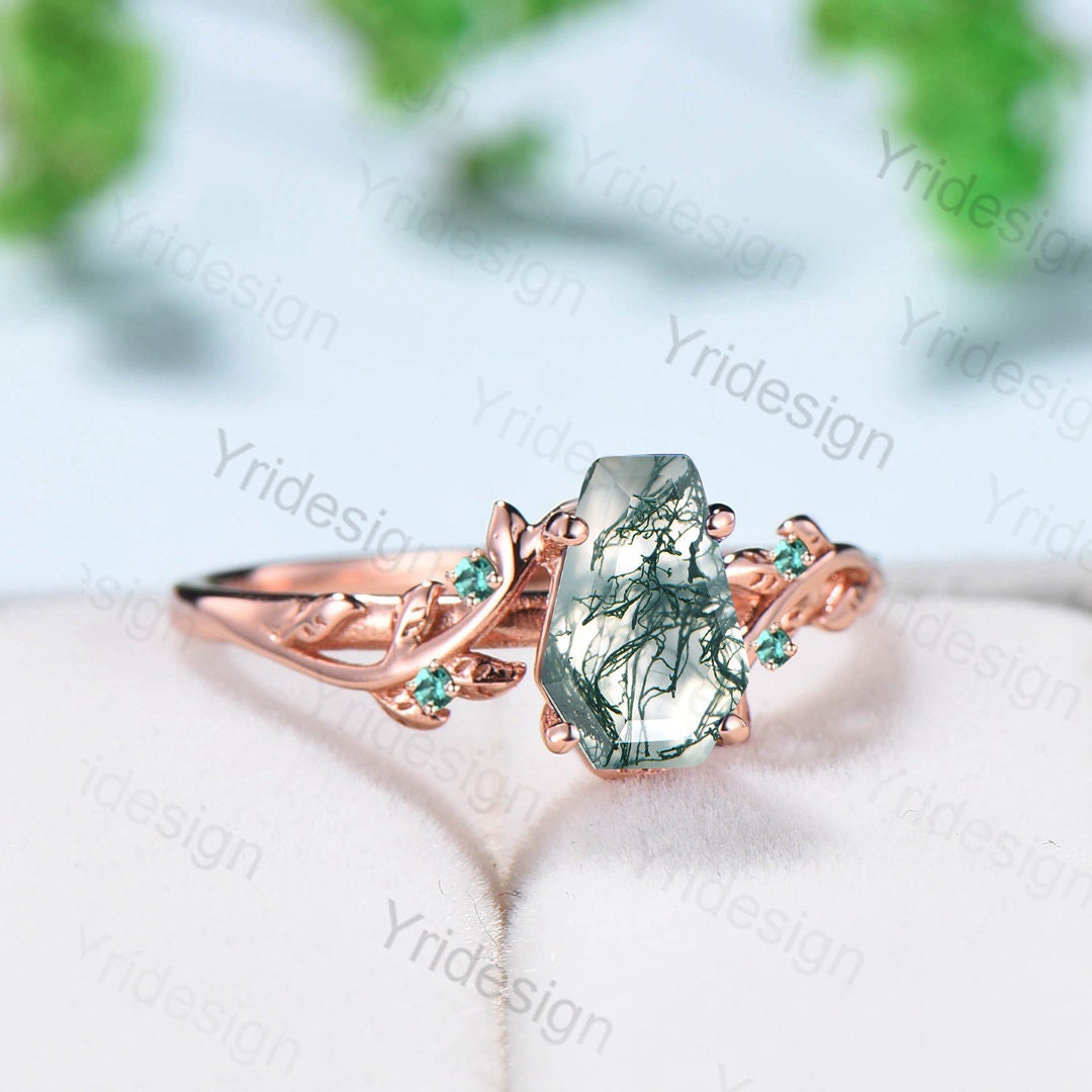 Vintage Coffin Cut Moss Agate Ring Twig Engagement Ring Cluster Emerald Leaf Wedding Ring Women Natural Inspired Green Gemstone Promise Ring - PENFINE