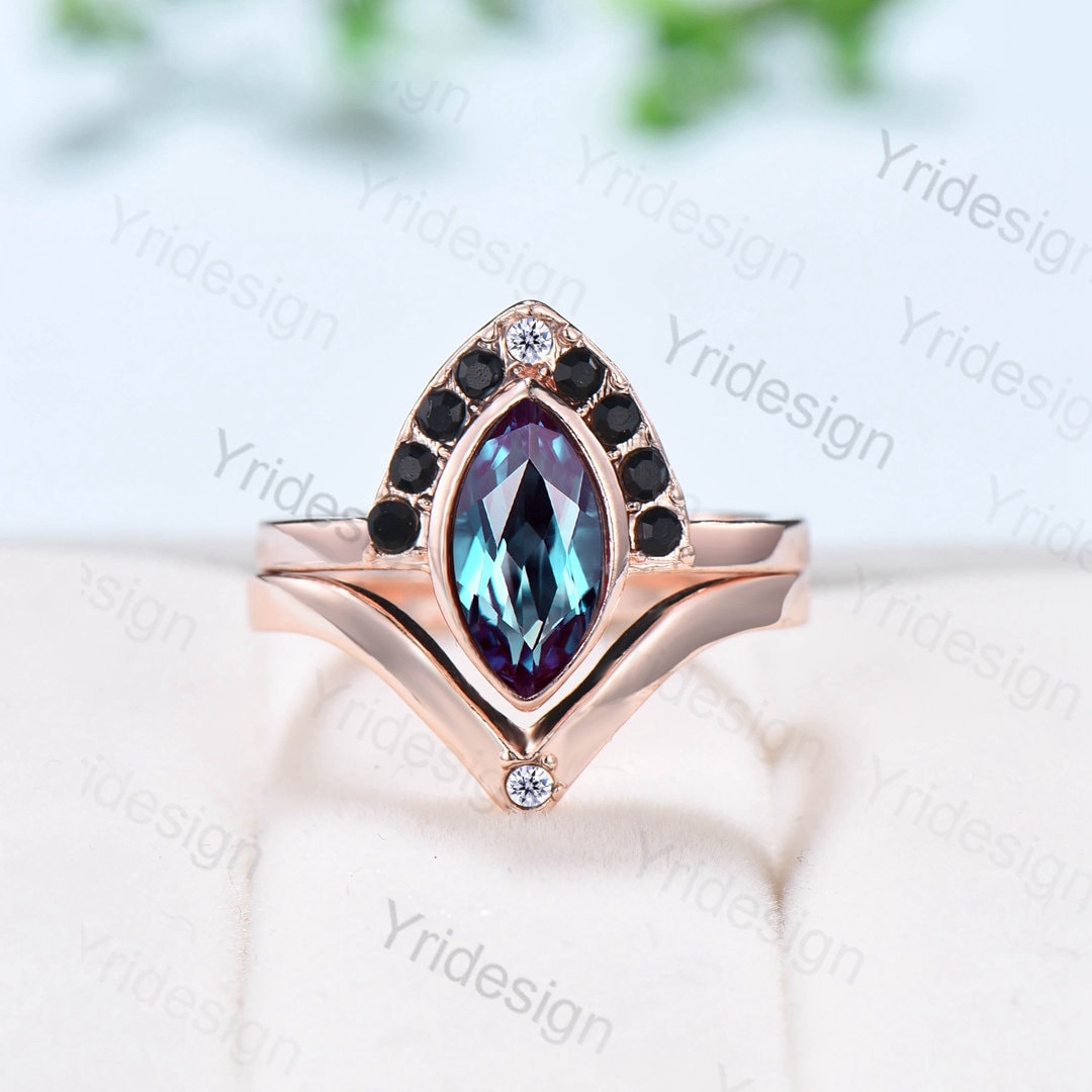 10x5mm Marquise Cut Alexandrite ring set Vintage unique bezel set alexandrite engagement ring set rose gold black diamond wedding ring women - PENFINE