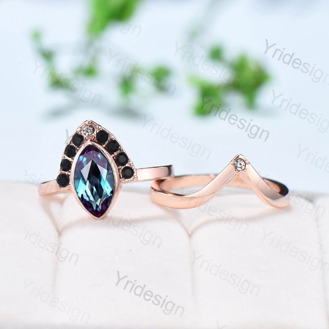 10x5mm Marquise Cut Alexandrite ring set Vintage unique bezel set alexandrite engagement ring set rose gold black diamond wedding ring women - PENFINE