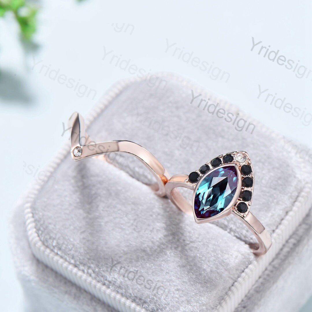 10x5mm Marquise Cut Alexandrite ring set Vintage unique bezel set alexandrite engagement ring set rose gold black diamond wedding ring women - PENFINE