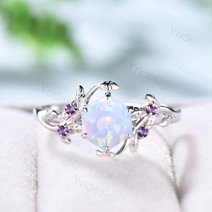 Elegant White Opal Engagement Ring Vintage Unique Hexagon Fire Opal Ring Natural Inspired Leaf Vine Cluster Amethyst Wedding Ring Women Gift - PENFINE