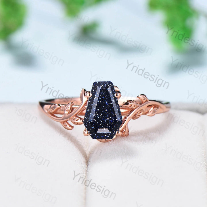 Coffin Shaped Blue Sandstone Ring Vintage Unique Galaxy engagement ring Solitaire Gold Natural inspired star sandstone wedding ring women - PENFINE