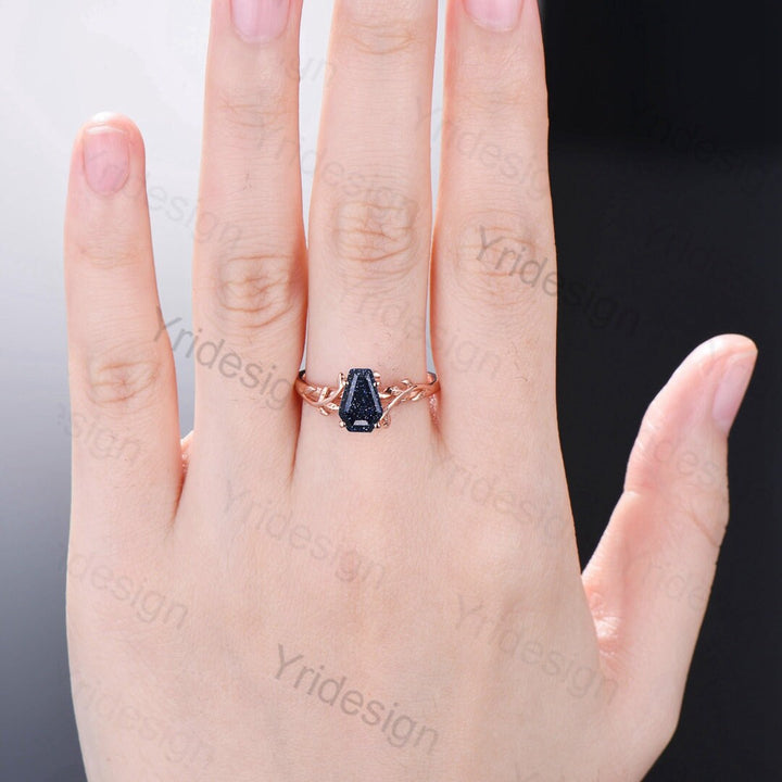 Coffin Shaped Blue Sandstone Ring Vintage Unique Galaxy engagement ring Solitaire Gold Natural inspired star sandstone wedding ring women - PENFINE