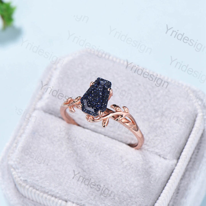 Coffin Shaped Blue Sandstone Ring Vintage Unique Galaxy engagement ring Solitaire Gold Natural inspired star sandstone wedding ring women - PENFINE