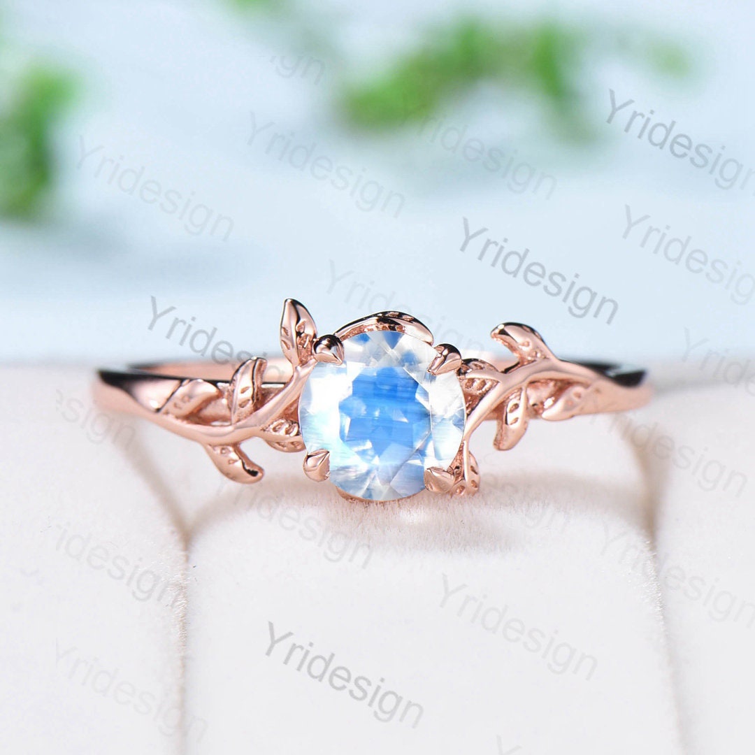 Vintage Leaves Moonstone Ring 14K Rose Gold Natural Inspired Leaf Engagement Ring Art Deco Wedding Ring For Women Floral Anniversary Gift - PENFINE