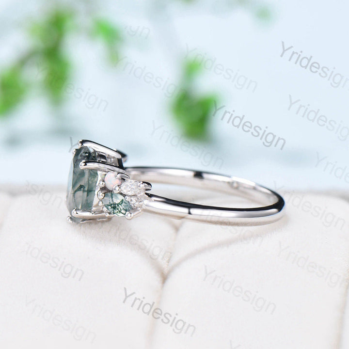 Unique 1.5CT Oval Moss Agate Engagement Ring Marquise Agate Opal Wedding Ring Women  Vintage Nature Inspired Cluster Moissanite Promise Ring - PENFINE