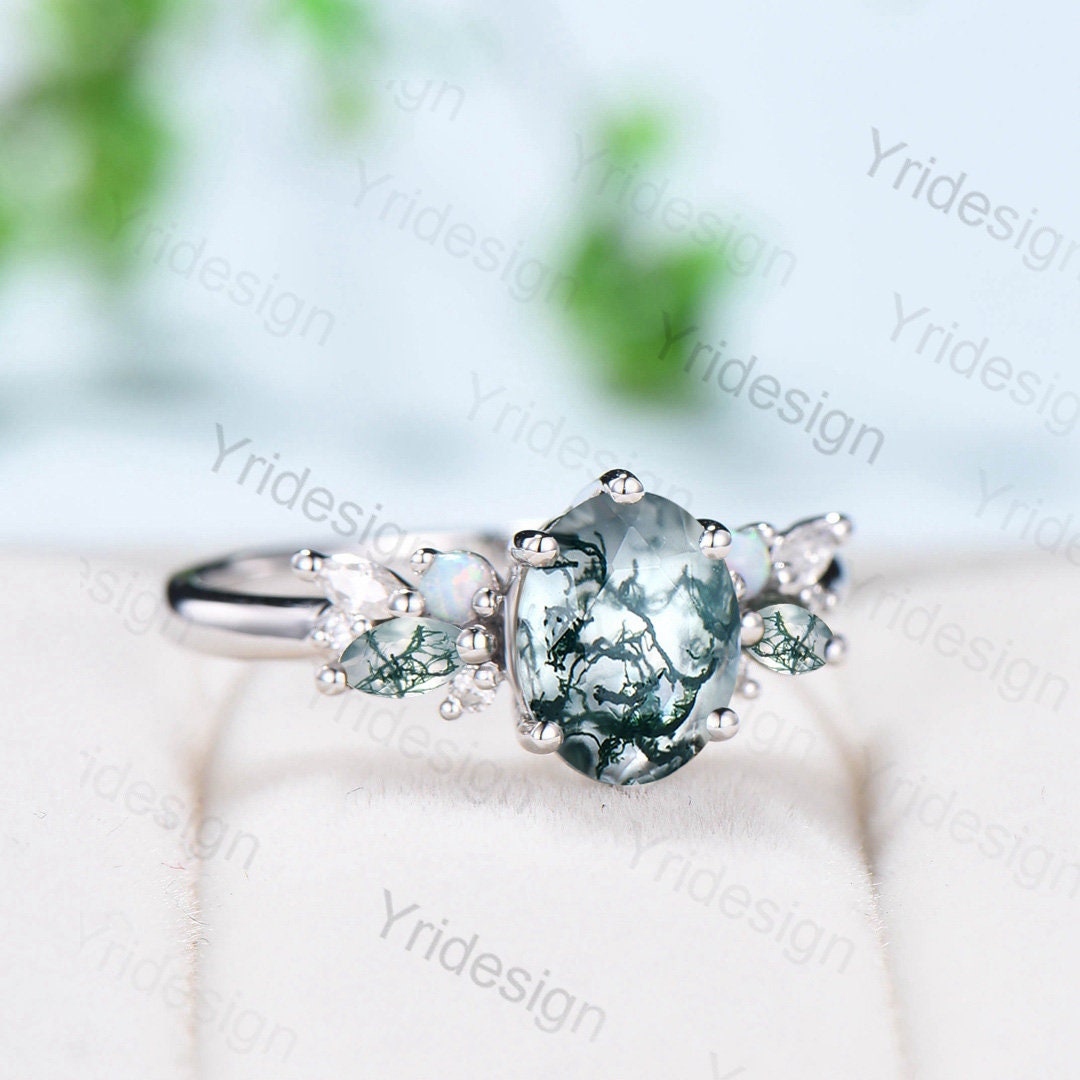 Unique 1.5CT Oval Moss Agate Engagement Ring Marquise Agate Opal Wedding Ring Women  Vintage Nature Inspired Cluster Moissanite Promise Ring - PENFINE