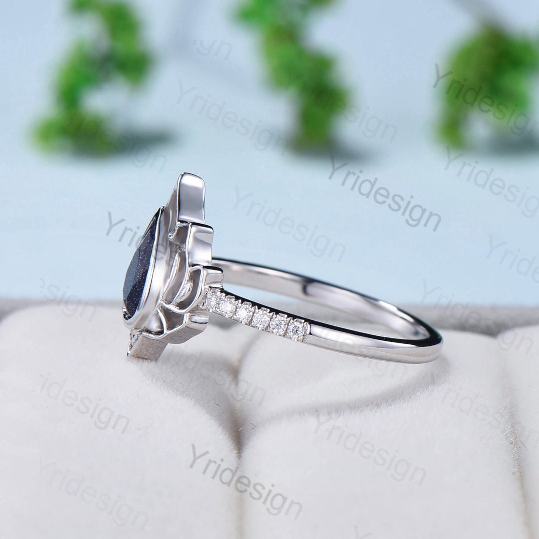Lotus flower blue sandstone ring bezel set galaxy unique guardian engagement ring teardrop promise ring unique handmade proposal gifts women - PENFINE