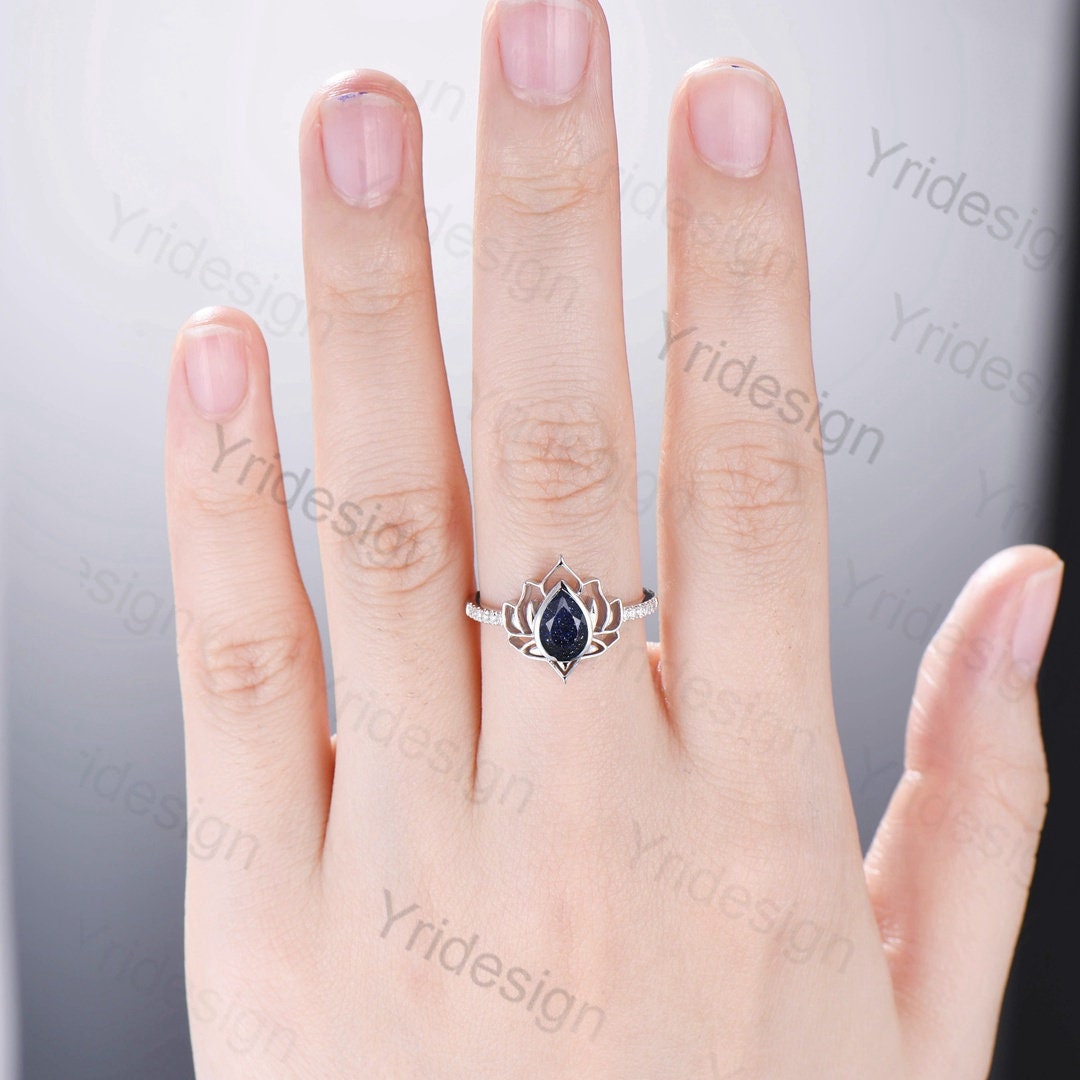 Lotus flower blue sandstone ring bezel set galaxy unique guardian engagement ring teardrop promise ring unique handmade proposal gifts women - PENFINE