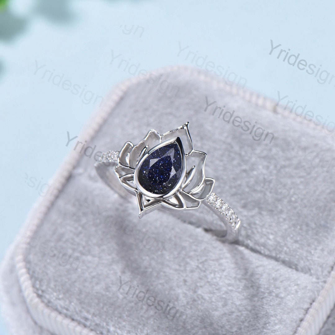 Lotus flower blue sandstone ring bezel set galaxy unique guardian engagement ring teardrop promise ring unique handmade proposal gifts women - PENFINE