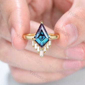 Vintage alexandrite engagement ring kite cut Unique cluster baguette moissanite wedding ring for women June birthstone ring Anniversary gift - PENFINE