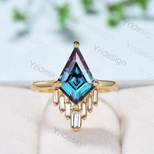 Vintage alexandrite engagement ring kite cut Unique cluster baguette moissanite wedding ring for women June birthstone ring Anniversary gift - PENFINE