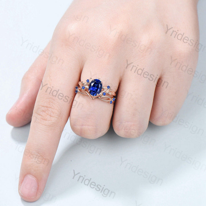Vintage blue sapphire wedding ring set Leaf twig engagement ring set Art deco Nature Inspired rose gold bridal set for women Branch ring - PENFINE