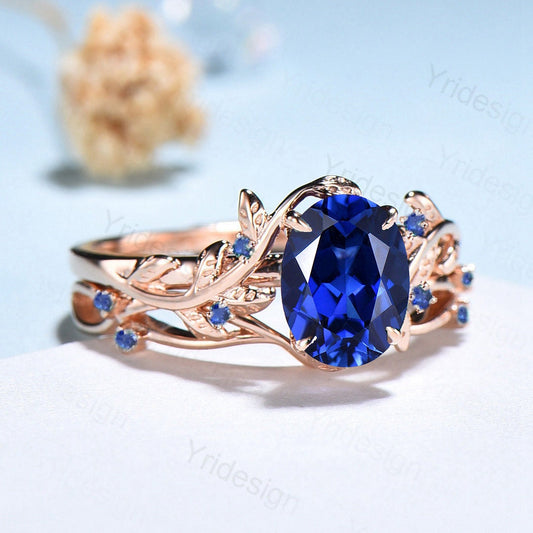 Vintage blue sapphire wedding ring set Leaf twig engagement ring set Art deco Nature Inspired rose gold bridal set for women Branch ring - PENFINE