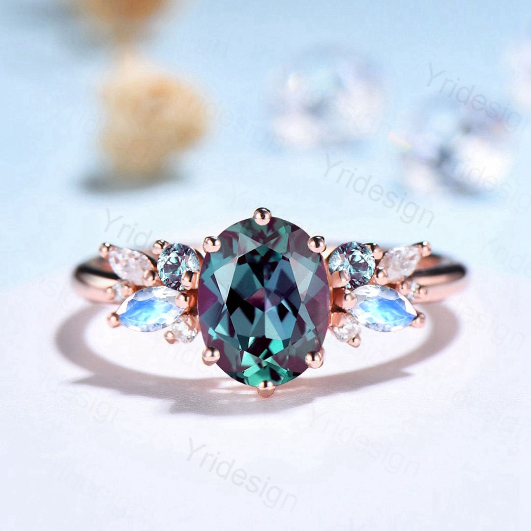 Unique Alexandrite Engagement Ring Women Alternative Moonstone Wedding Ring Vintage Nature Inspired Cluster Moissanite Promise Ring For Her - PENFINE