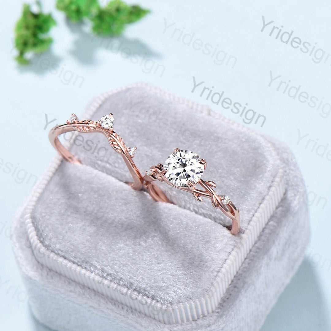 Twig Moissanite Engagement Ring Set Rose Gold Natural Inspired Branch Moissanite Wedding Ring Set Women Unique Leaf anniversary promise ring - PENFINE