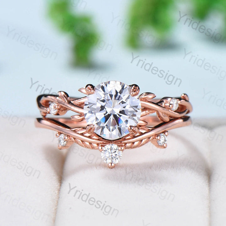 Twig Moissanite Engagement Ring Set Rose Gold Natural Inspired Branch Moissanite Wedding Ring Set Women Unique Leaf anniversary promise ring - PENFINE