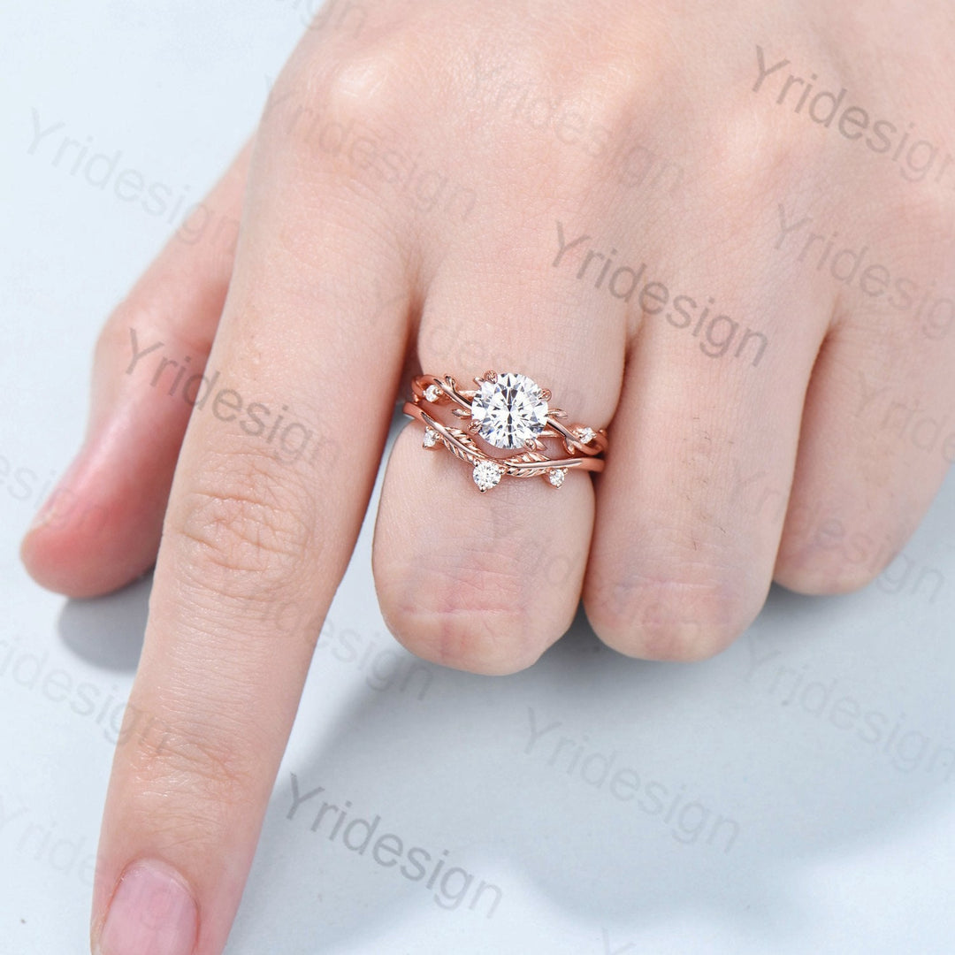 Twig Moissanite Engagement Ring Set Rose Gold Natural Inspired Branch Moissanite Wedding Ring Set Women Unique Leaf anniversary promise ring - PENFINE