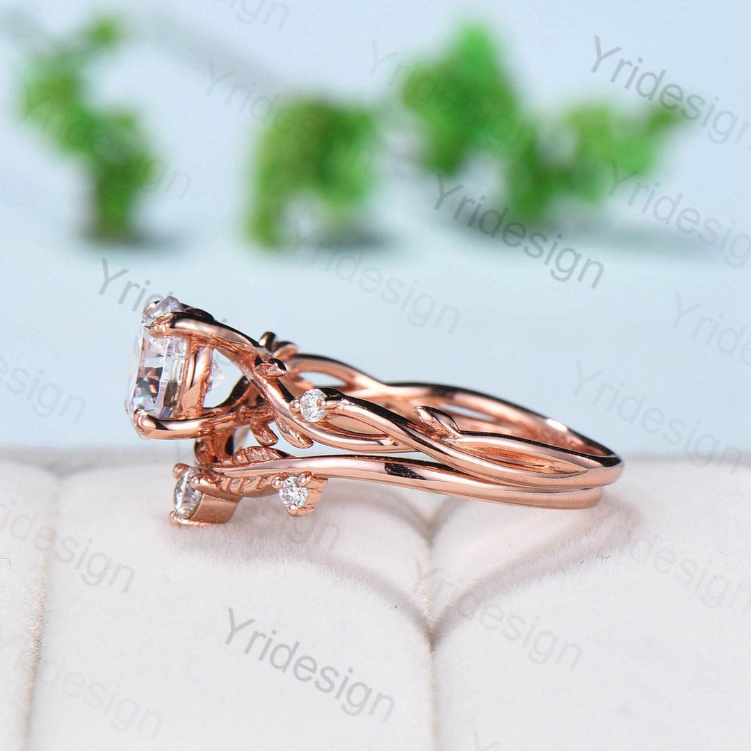 Twig Moissanite Engagement Ring Set Rose Gold Natural Inspired Branch Moissanite Wedding Ring Set Women Unique Leaf anniversary promise ring - PENFINE