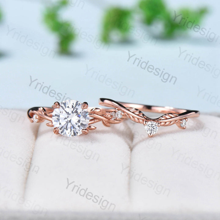 Twig Moissanite Engagement Ring Set Rose Gold Natural Inspired Branch Moissanite Wedding Ring Set Women Unique Leaf anniversary promise ring - PENFINE