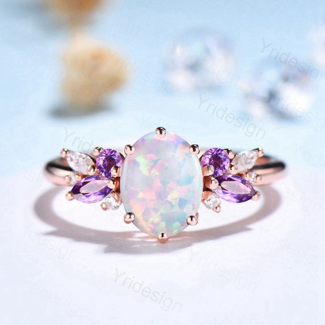 Unique White Opal Engagement Ring Women Alternative Cluster Amethyst Wedding Ring Vintage Nature Inspired Art Deco Moissanite Promise Ring - PENFINE