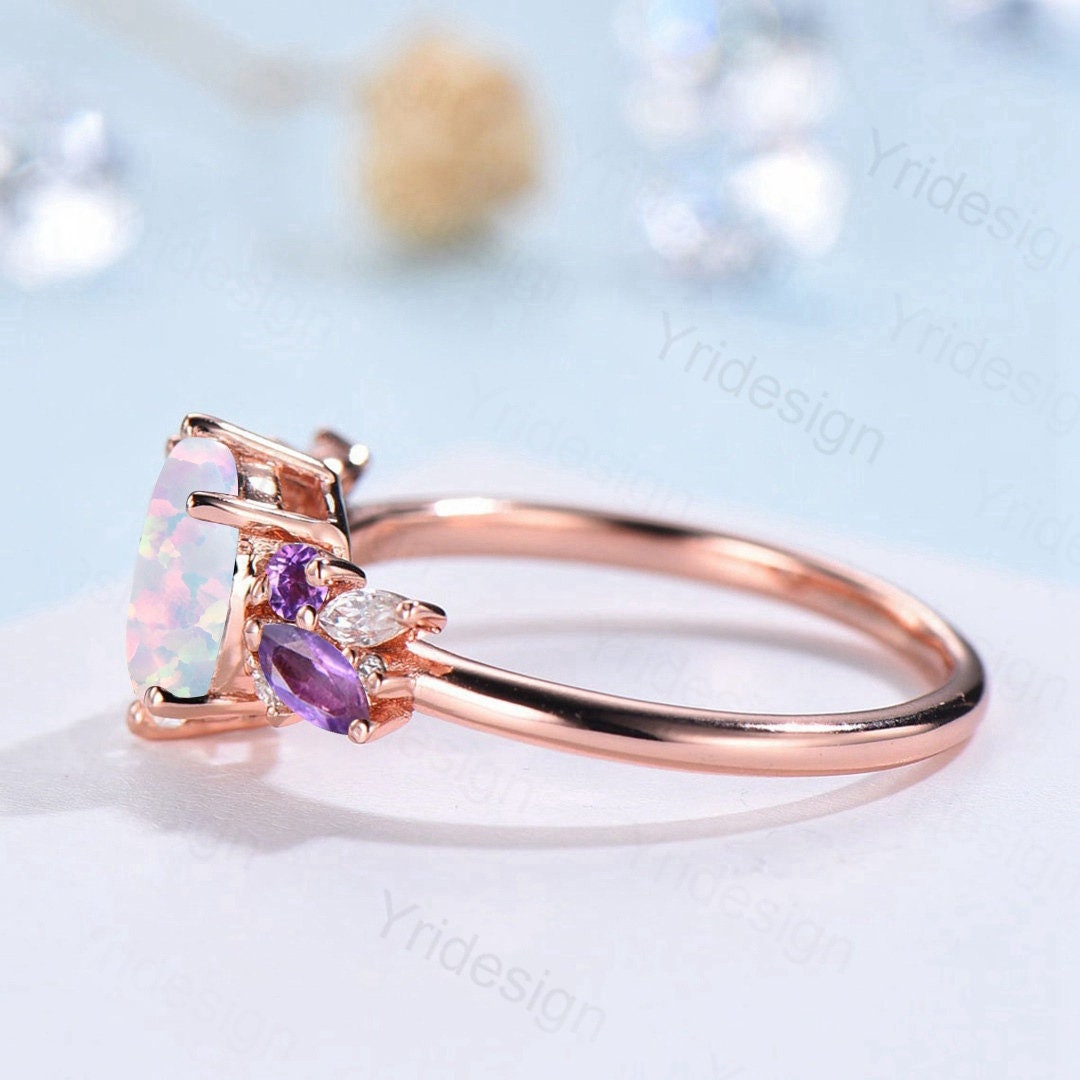 Unique White Opal Engagement Ring Women Alternative Cluster Amethyst Wedding Ring Vintage Nature Inspired Art Deco Moissanite Promise Ring - PENFINE