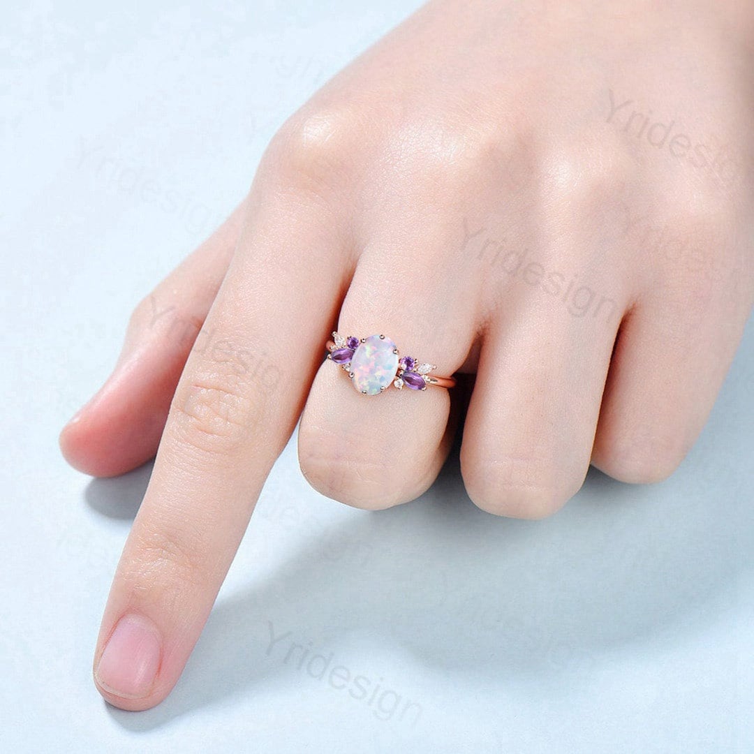 Unique White Opal Engagement Ring Women Alternative Cluster Amethyst Wedding Ring Vintage Nature Inspired Art Deco Moissanite Promise Ring - PENFINE